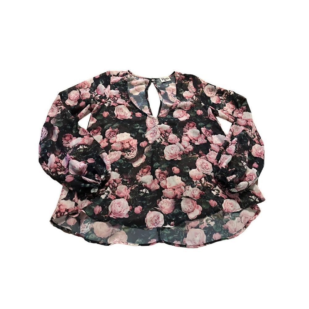 Show Me Your Mumu Women's Black Pink Floral Long Sleeve Shirt Semi Sheer Size S